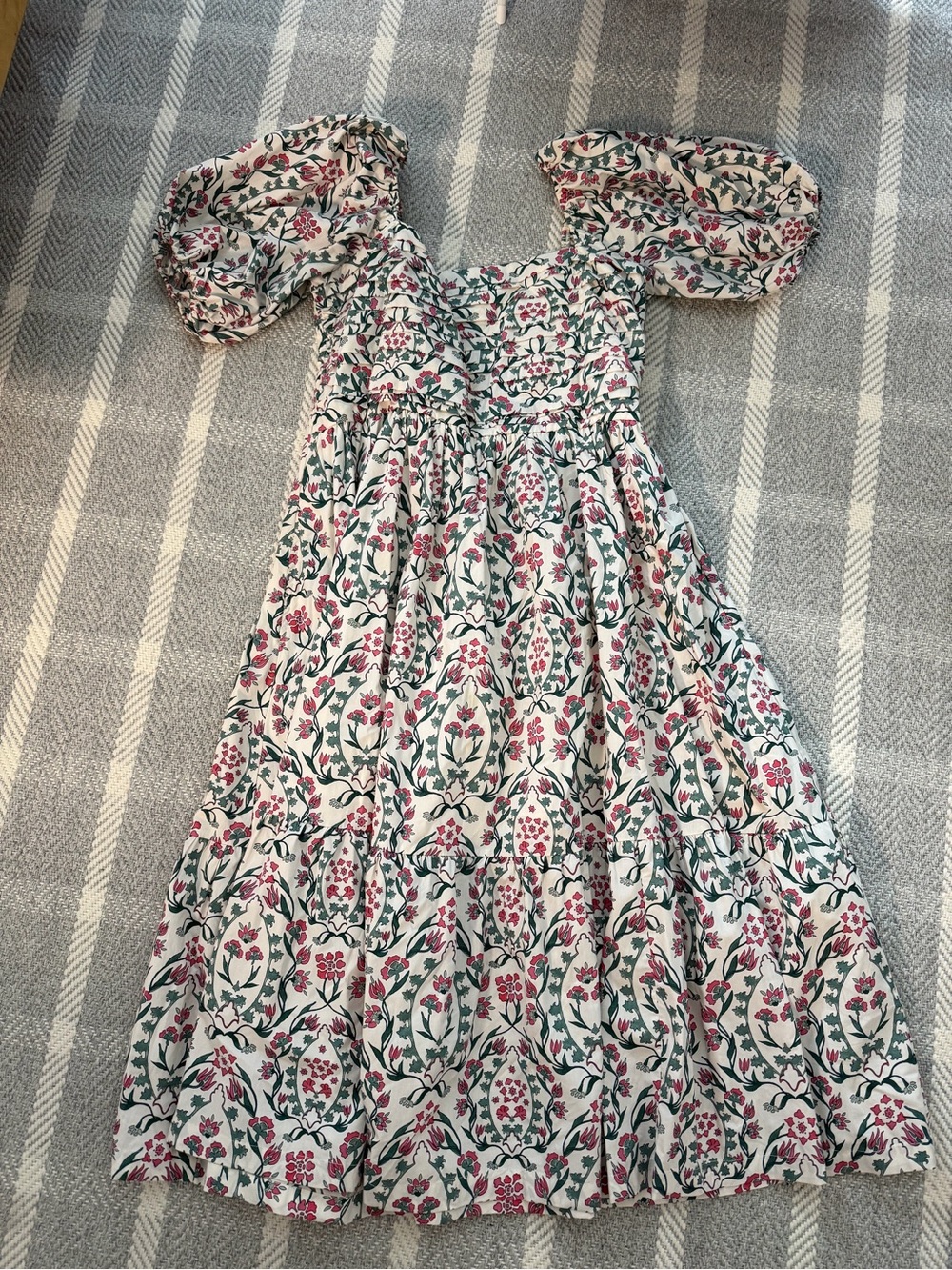 Abercrombie Floral Smocked Puff-Sleeve Dress - White with Pink & Green